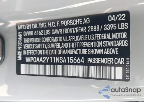 2022 Porsche Taycan z USA, uszkodzony, nr VIN WP0AA2Y11NSA15664